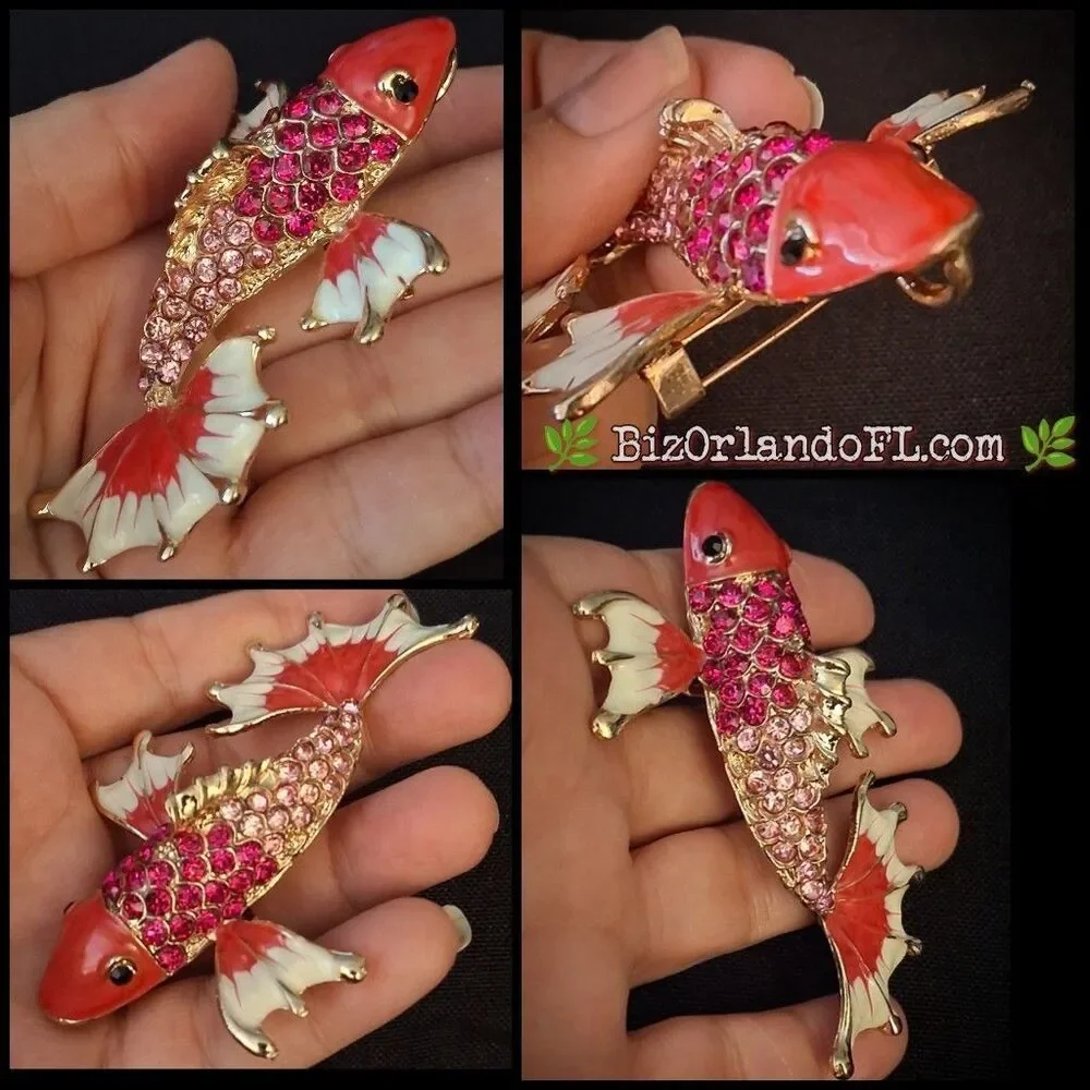Koi Fish Brooch Pin / Pendant Combo Gold Tone Pink Red Rhinestone Crystal Enamel